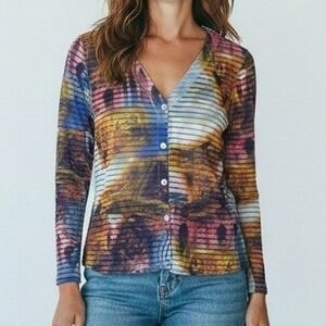 Vtg de Senneville Cardigan Women 34 US XS Sheer Abstract Print‎ Lagenlook Artsy